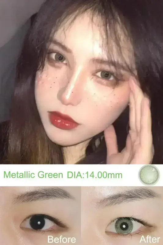Metallic Green contact lenses Before and after wearing