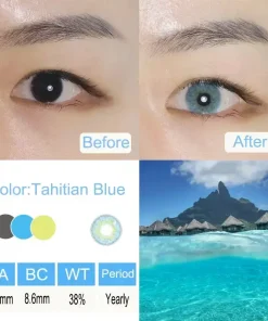Tahitian Blue contact lenses Before and after wearing