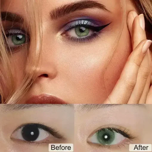 mint green colored contacts before and after wearing