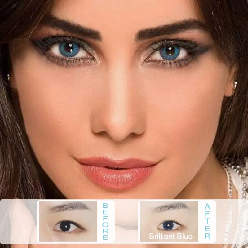 brilliant blue colored contacts Before and after wearing