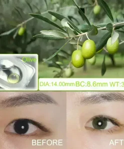 Olive green colored contact lenses Before and after wearing