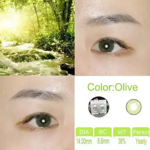 Olive green colored contact lenses show detail