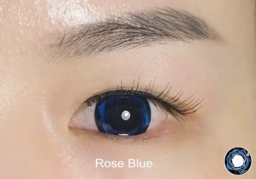 rose blue colored contacts wearing detail