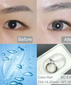 Ash grey contact lens Before and after wearing