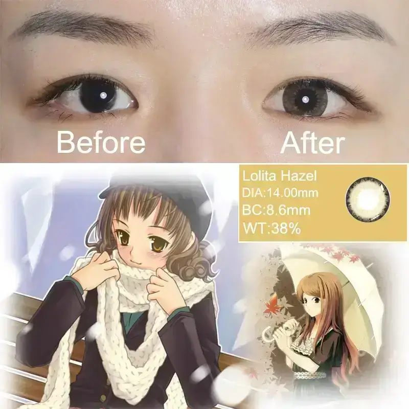 Branclear Blends contact lenses Lolita hazel Before and after wearing