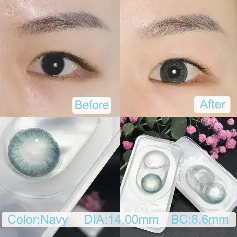 Navy blue contact lenses Before and after wearing