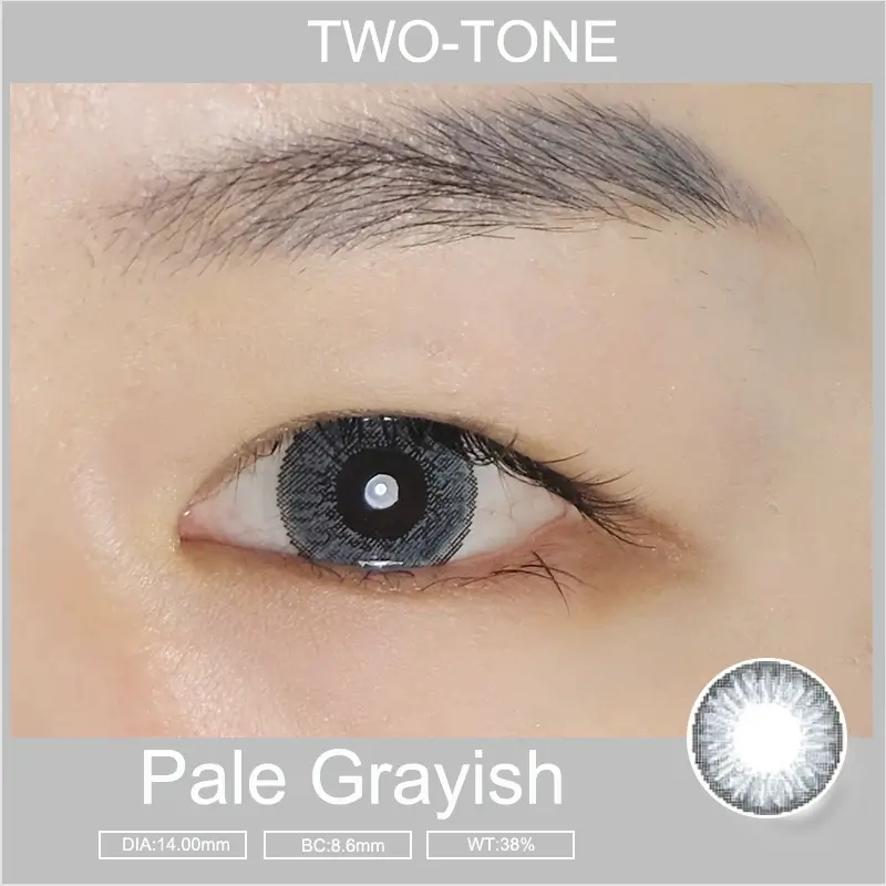 Pale Grayish colored contact lenses wearing detail