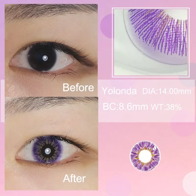 Yolonda violet contact lenses Before and after wearing